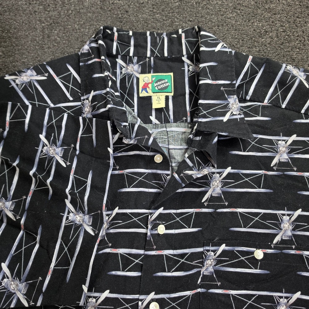 Vintage Johnny Cotton Biplane Shirt Mens XL Black Aviation Short Sleeve USA